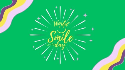 Happy World smile day text on green background with happy face emoji and stars. Smile day typography joyful post banner, greeting card, poster, banner, template design. Smiling hand drawn lettering.