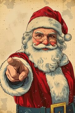 Vintage santa claus casting a spell with finger beside nose on white background illustration
