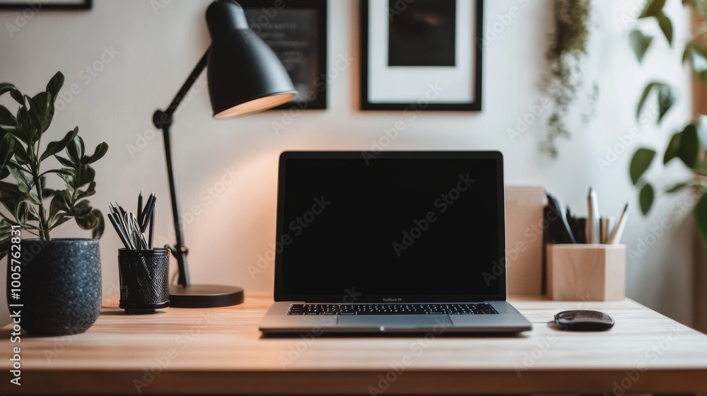 Poster a minimalist desk with a laptop, a stylish lamp, and a clean workspace, emphasizing simplicity and f