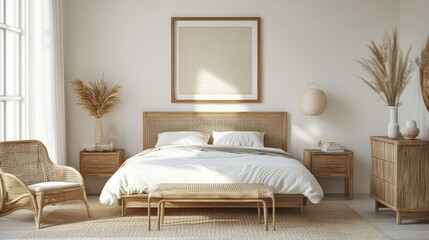A stylish bedroom with natural rattan furniture, a mockup frame on a clean white wall, and cozy, soft textures, perfect for 3D renders or design presentations.