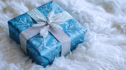 Elegant Blue Gift Box with Silver Ribbon on Soft White Fur - Made with Generative AI