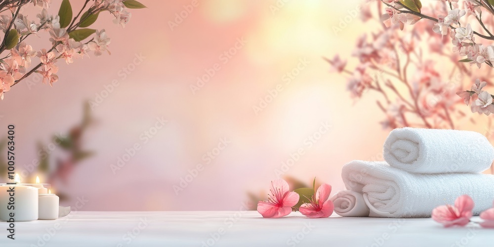 Sticker A white background with a pink and white theme. There are three white towels on the table