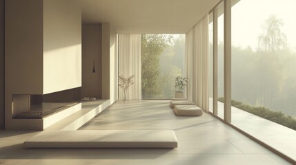 Obraz premium A minimalist living room design with neutral tones, clean lines, and large windows, showcasing the beauty of simplicity and the calming effect of a clutter-free environment.