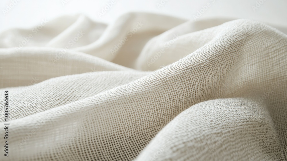 Poster a textured cotton fabric surface captured in close-up, displaying its natural fibers and patterns, w