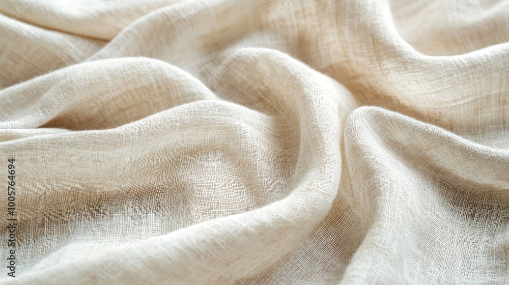 Poster a textured cotton fabric surface captured in close-up, displaying its natural fibers and patterns, w