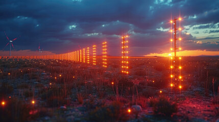Obraz premium stunning landscape featuring glowing light poles in vast field at sunset, with wind turbines in background. scene evokes sense of tranquility and wonder