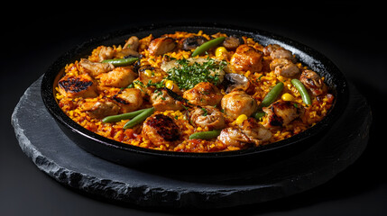 Fototapeta premium Authentic Valencian Paella with Saffron Chicken Rabbit and Green Beans Served on a Simple Black Stone Plate