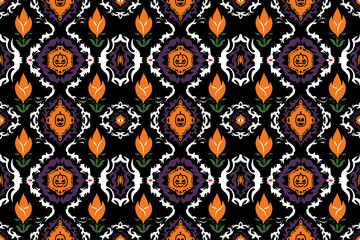 A seamless Halloween-themed damask pattern featuring intricate pumpkin carvings and floral elements. The design is set against a black background and incorporates shades of orange, purple, and white, 