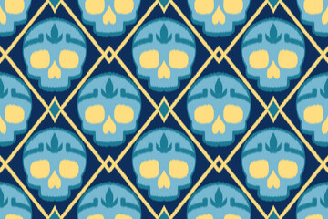 A vibrant and spooky seamless pattern featuring blue skulls on a dark blue ikat background. Perfect for Halloween decorations or gothic-inspired designs.