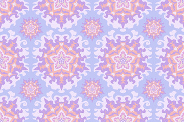A seamless pattern featuring intricate, star-shaped mandalas in soft pastel hues of purple, pink, and blue. The design is set against a light blue background and exhibits a delicate