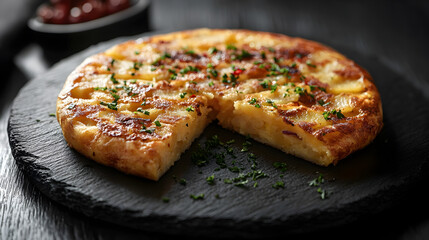 Mouthwatering Spanish Tortilla Espaola with Potatoes and Onions on Elegant Black Stone Plate