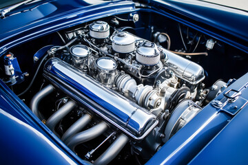 A blue car engine with chrome parts and a shiny finish. The engine is the main focus of the image