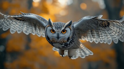 Majestic Great Horned Owl in Mid-Flight, Spreading Wings with Intense Stare in a Vibrant Autumn Forest Setting