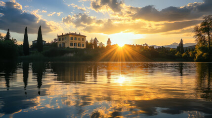 Fototapeta premium A beautiful sunset over a lake with a yellow house in the background. The water is calm and the sky is filled with clouds