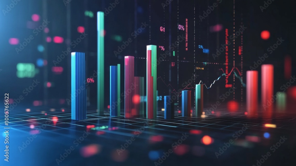 Poster a modern 3d financial bar graph with blue, red, and green bars, highlighting different sectors of th