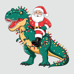 Santa Claus riding on a roaring T-Rex. Christmas Funny T-shirt gifts for anyone who loves dinosaurs