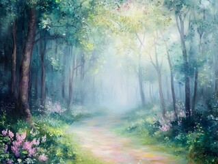 Fototapeta premium Enchanting fairytale inspired pastel forest clearing glade with mist shrouded ethereal atmosphere vibrant color palette and impressionist influence A touch of wonder and enchantment in a serene