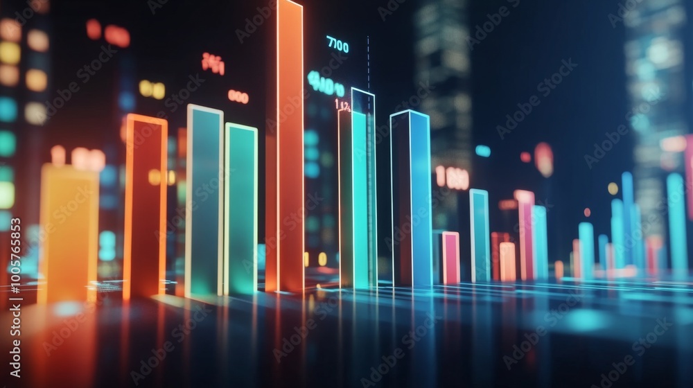 Poster a modern 3d financial bar graph with blue, red, and green bars, highlighting different sectors of th