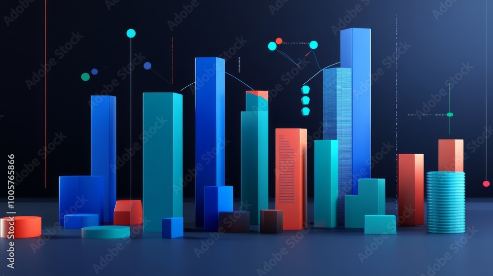 Poster a modern 3d financial bar graph with blue, red, and green bars, highlighting different sectors of th