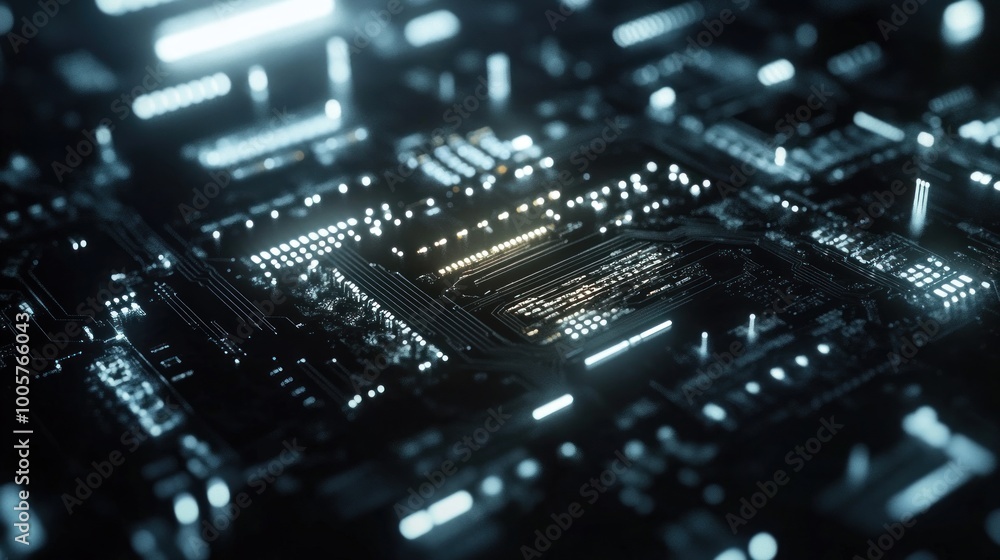 Aufkleber a close-up view of a futuristic circuit board with glowing elements.