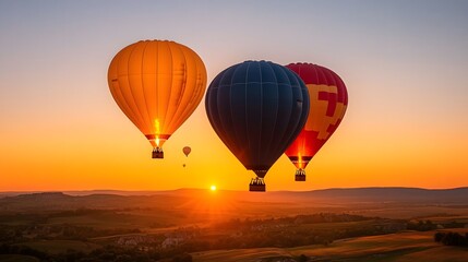 Obraz premium Hot air balloons soaring at sunrise, stunning scenic view.