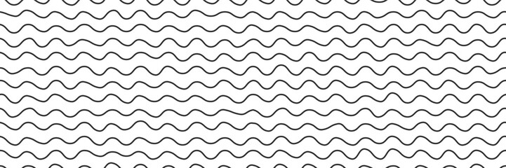 Squiggly black lines on white bg as a seamless pattern. Horizontal curvy stripes or groovy waves. Simple vector illustration