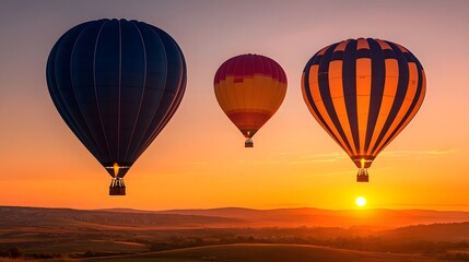 Fototapeta premium Sunrise landscape with vibrant hot air balloons floating in the sky.