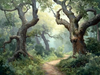 Fototapeta premium Enchanting Mystical Forest with Gnarled Ancient Oak Trees Narrow Dirt Trail and Dappled Sunlight Filtering Through the Lush Woodland Canopy