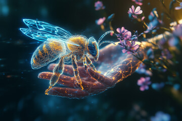 A surreal 3D image of a bee made from unconventional materials like flowers and feathers, showcasing a blend of nature and technology, challenging traditional perceptions