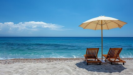 Obraz premium Two parasol umbrellas casting the shadow over the two wooden lounge chairs or easy chairs on an empty sunny sand beach near the blue ocean - ai