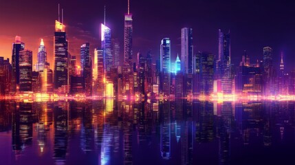 A nighttime cityscape featuring illuminated skyscrapers, with reflections in the water of a nearby river or lake, creating a stunning visual of urban beauty after dark.