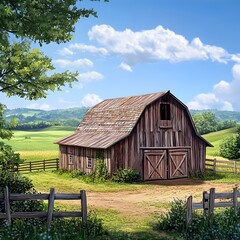 Obraz premium Weathered and Charming Vintage Wooden Barn Nestled in a Serene Bucolic Pastoral Landscape with Lush Green Pastures Rolling Hills and a Clear Blue Sky with Fluffy White Clouds