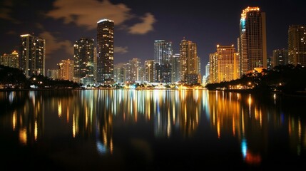 Obraz premium A nighttime cityscape featuring illuminated skyscrapers, with reflections in the water of a nearby river or lake, creating a stunning visual of urban beauty after dark.