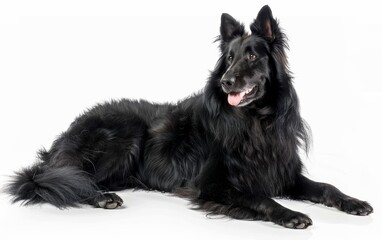 A black Groenendael dog reclines on a white surface, radiating ease with a gentle and approachable look.