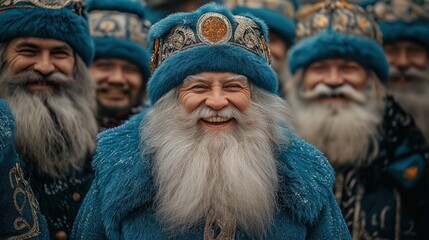 Modern gathering of cheerful Santas in vibrant blue attire