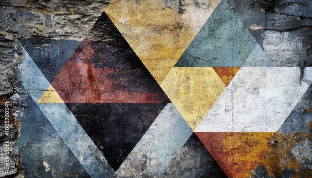 Poster a textured brick wall painted with a geometric pattern of overlapping triangles in muted colors.