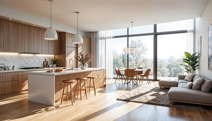 A open-concept kitchen and living room with modern furniture, large windows, and neutral tones creating a bright and airy space
