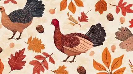 A painting of two turkeys and leaves with nuts
