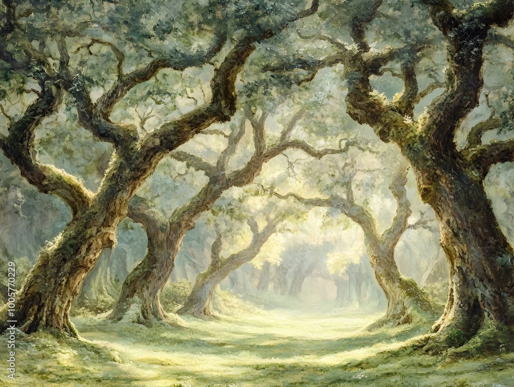 Poster mystical forest glade with ancient gnarled trees carpeted in soft moss dappled light filtering throu