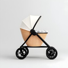 Vintage Woven Wicker Baby Stroller with Patterned Cushion on Gray Background