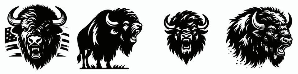 Obraz premium Four stylized buffalo illustrations in black and white, showcasing different expressions and angles.