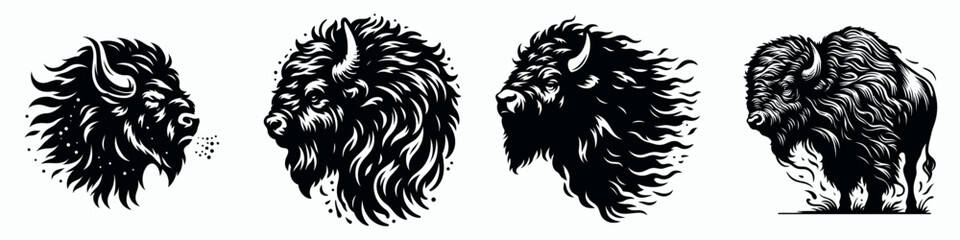 Four stylized animal heads: a lion, a fierce lion, a lion’s mane, and a bison, all depicted in striking black and white artwork.