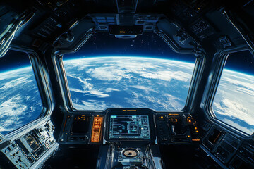 View of Earth planet from space station window with clouds and atmosphere against the backdrop of space