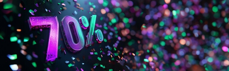 Wide shot of a vibrant purple and green 70% sign with confetti flying across the scene