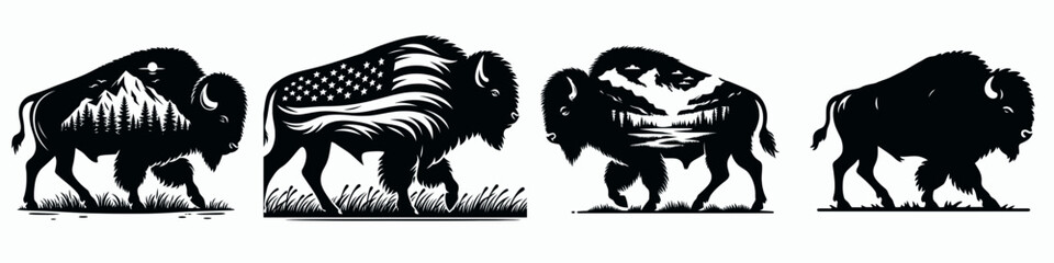 Four stylized bison figures, each with distinct patterns, including an American flag motif, showcasing artistic variations of a significant animal.