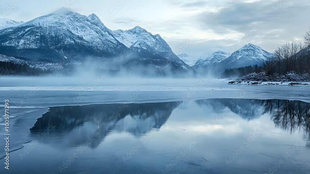 Poster serene frozen lake surrounded by snow capped mountains in the distance with mist hovering over the s