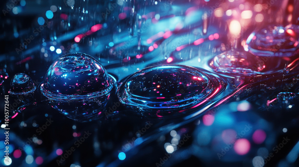 Poster captivating close up of colorful water droplets reflecting light, creating mesmerizing visual effect