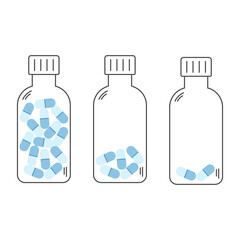 Set of three outlined medicine bottles filled with blue capsules in different quantities