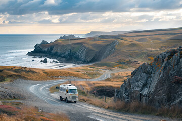Fototapeta premium Holiday trip on large family motorhome for holiday in beautiful nature
