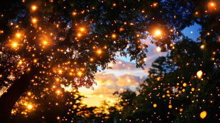 Fototapeta premium beautiful sunset scene framed by trees, with glowing lights resembling fireflies creating magical atmosphere. warm colors of sky enhance enchanting view